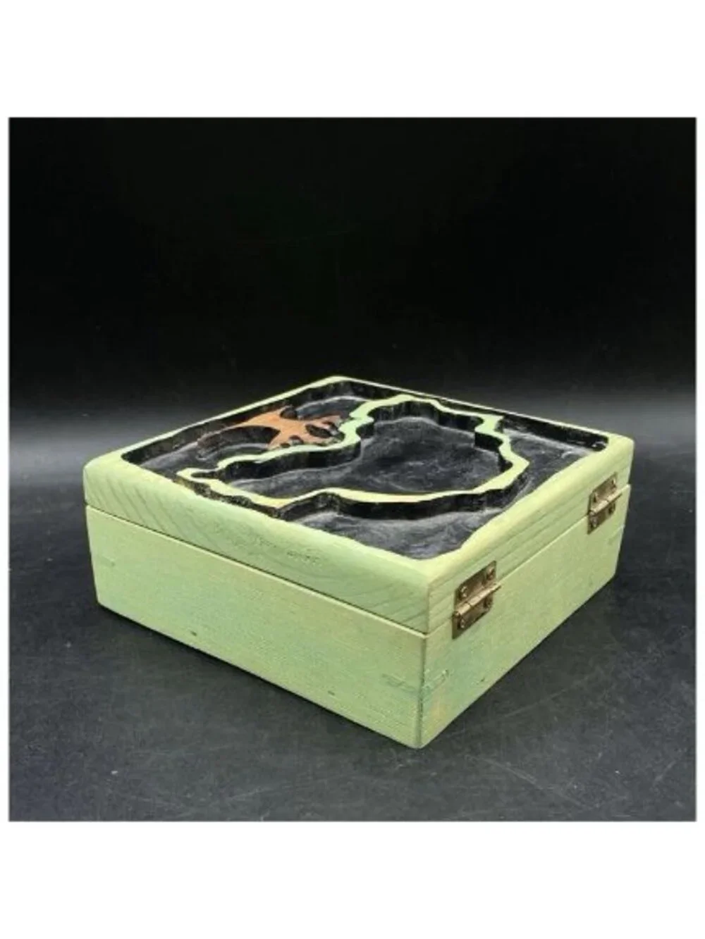 Hand Carved Green Wooden Box Tree of Life Keepsake 6”